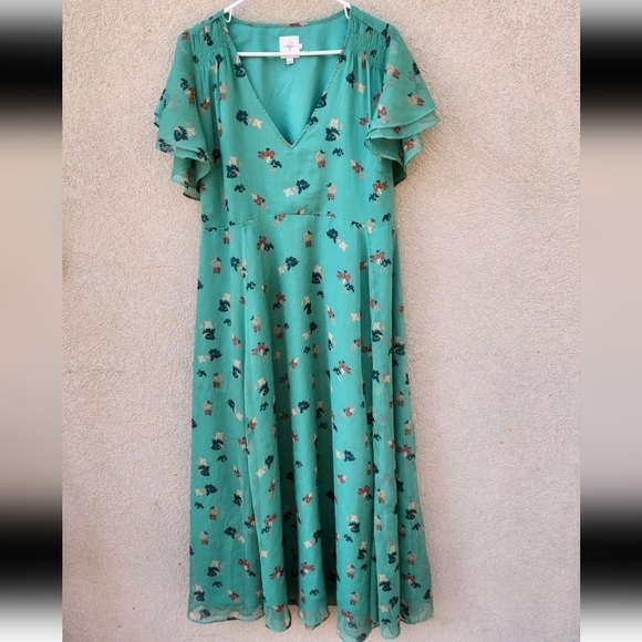 HATCH The Nines Women's Maternity Dress Extra Large Green Floral Flutter Sleeve - Picture 2 of 10